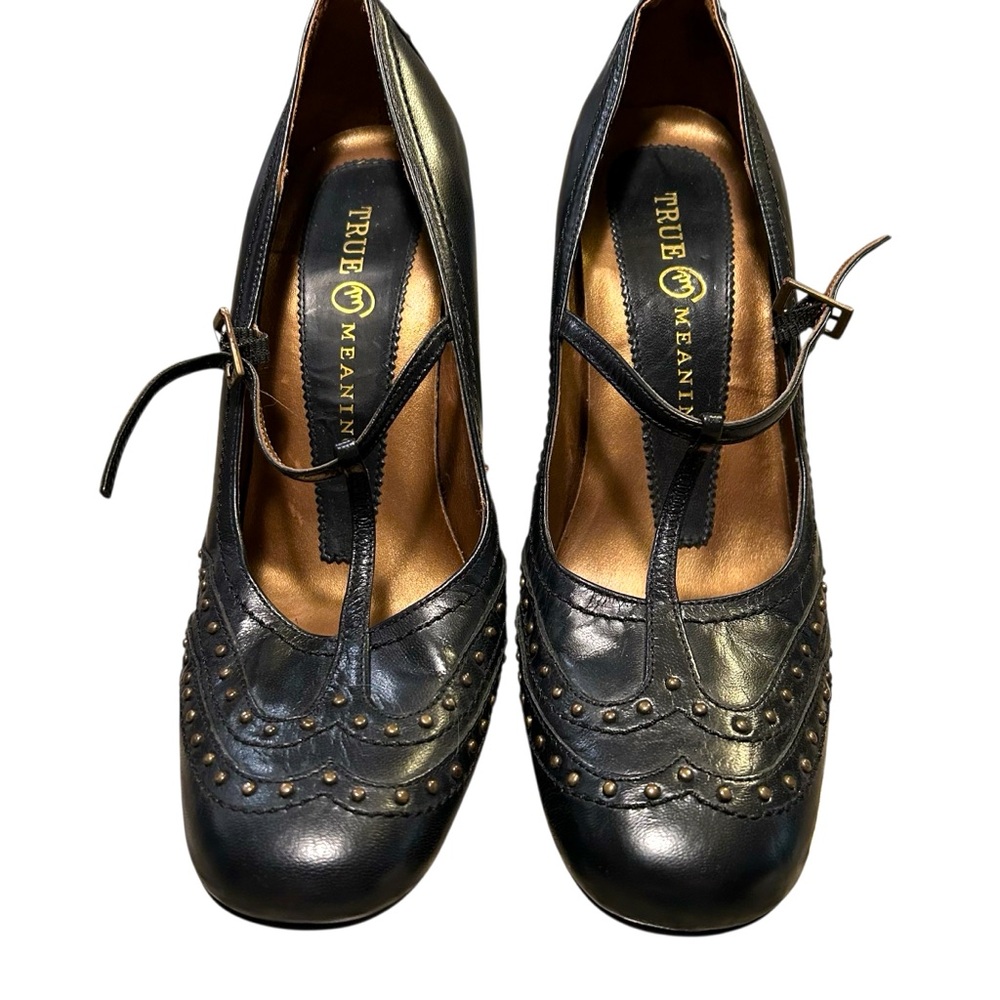 Vintage True Meaning Black Heels with a T-Strap and Perforated Design Size 8